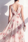A-lijn chiffon blush V-hals gerimpelde midi bloemenjurk