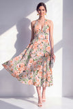 A-lijn roze bloemen halter hals midi jurk met strik