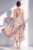 A-lijn roze bloemen halter hals midi jurk met strik