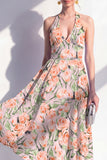 A-lijn roze bloemen halter hals midi jurk met strik