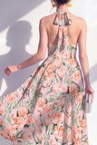 A-lijn roze bloemen halter hals midi jurk met strik