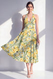 A-lijn roze bloemen halter hals midi jurk met strik