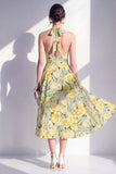A-lijn roze bloemen halter hals midi jurk met strik