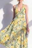 A-lijn roze bloemen halter hals midi jurk met strik