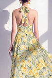 A-lijn roze bloemen halter hals midi jurk met strik