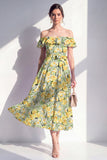 A-lijn roze bloemen off the shoulder midi-jurk