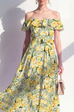 A-lijn roze bloemen off the shoulder midi-jurk