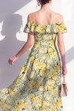 A-lijn roze bloemen off the shoulder midi-jurk