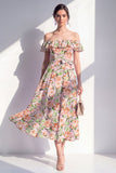 A-lijn roze bloemen off the shoulder midi-jurk