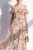 A-lijn roze bloemen off the shoulder midi-jurk