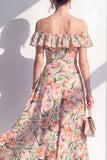 A-lijn roze bloemen off the shoulder midi-jurk