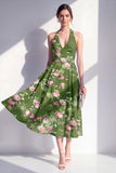 A-lijn chiffon donkergroene halterhals midi bloemenjurk