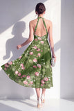 A-lijn chiffon donkergroene halterhals midi bloemenjurk