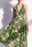 A-lijn chiffon donkergroene halterhals midi bloemenjurk