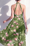 A-lijn chiffon donkergroene halterhals midi bloemenjurk