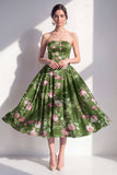 Strapless A-lijn chiffon donkergroene midi bloemenjurk
