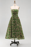 Strapless A-lijn chiffon donkergroene midi bloemenjurk