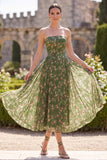 Strapless A-lijn chiffon donkergroene midi bloemenjurk