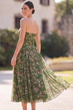 Strapless A-lijn chiffon donkergroene midi bloemenjurk