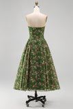 Strapless A-lijn chiffon donkergroene midi bloemenjurk
