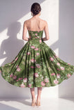 Strapless A-lijn chiffon donkergroene midi bloemenjurk