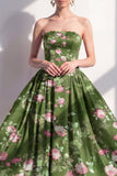 Strapless A-lijn chiffon donkergroene midi bloemenjurk