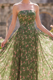 Strapless A-lijn chiffon donkergroene midi bloemenjurk