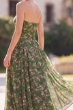 Strapless A-lijn chiffon donkergroene midi bloemenjurk