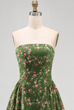 Strapless A-lijn chiffon donkergroene midi bloemenjurk