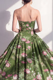 Strapless A-lijn chiffon donkergroene midi bloemenjurk