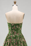 Strapless A-lijn chiffon donkergroene midi bloemenjurk