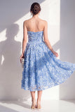 Strapless A-lijn blauwe geappliqueerde bloemen midi jurk