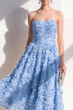 Strapless A-lijn blauwe geappliqueerde bloemen midi jurk