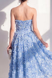 Strapless A-lijn blauwe geappliqueerde bloemen midi jurk