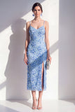 Blauwe sheath spaghetti straps geappliqueerde bloemen midi jurk met split