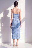 Blauwe sheath spaghetti straps geappliqueerde bloemen midi jurk met split
