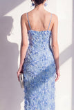 Blauwe sheath spaghetti straps geappliqueerde bloemen midi jurk met split