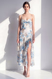 Roze Flower Spaghetti strapless schede Chiffon gerimpelde midi jurk met split
