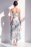 Roze Flower Spaghetti strapless schede Chiffon gerimpelde midi jurk met split