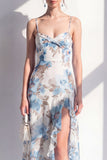 Roze Flower Spaghetti strapless schede Chiffon gerimpelde midi jurk met split