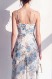 Roze Flower Spaghetti strapless schede Chiffon gerimpelde midi jurk met split