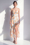 Roze Flower Spaghetti strapless schede Chiffon gerimpelde midi jurk met split