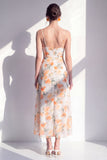 Roze Flower Spaghetti strapless schede Chiffon gerimpelde midi jurk met split