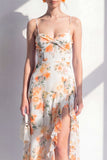 Roze Flower Spaghetti strapless schede Chiffon gerimpelde midi jurk met split