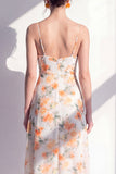 Roze Flower Spaghetti strapless schede Chiffon gerimpelde midi jurk met split