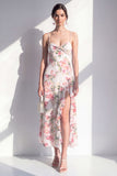 Roze Flower Spaghetti strapless schede Chiffon gerimpelde midi jurk met split