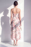 Roze Flower Spaghetti strapless schede Chiffon gerimpelde midi jurk met split