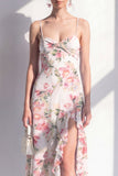 Roze Flower Spaghetti strapless schede Chiffon gerimpelde midi jurk met split