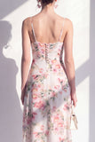 Roze Flower Spaghetti strapless schede Chiffon gerimpelde midi jurk met split