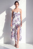 Roze Flower Spaghetti strapless schede Chiffon gerimpelde midi jurk met split